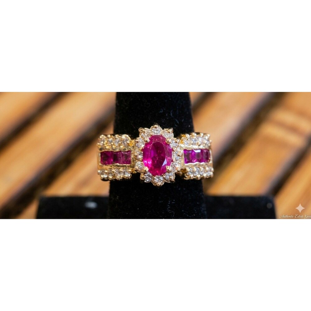14k Gold 0.75 Ct Oval Ruby & Diamonds Pave Halo Cocktail Ring Estate 7 gr  Sz 8